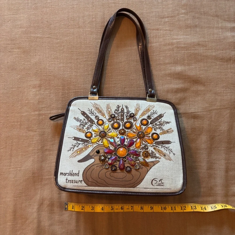 Enid Collins Handbag Marshland Treasure Medium Canvas Jeweled Brown Vintage 60s